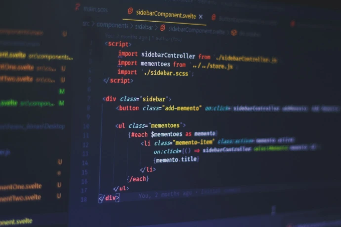 Svelte code displayed on a dark computer screen in a code editor